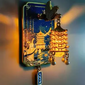 Xianhelou Glowing Lantern Fridge Magnet - Pink Crane Dancing with Cherry Blossom Pattern Metal Magnetic Wuhan Cultural Souvenir Travel Commemorative Perfect Gift #   Souvenir Gift large toy storage organizer gifts for boyfriend valentine's gift for bf