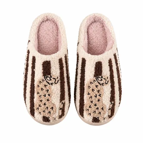 Women’s Retro Striped & Leopard Fuzzy Slippers, Super Soft Fluffy Lined Closed Toe House Shoes, Warm Cozy Anti Slip Indoor Bedroom Slippers, Winter Holiday Gift for Women