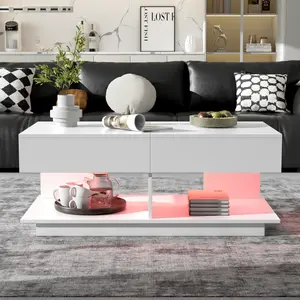 Extendable Coffee Table with with Hidden Storage and LED Lights, Modern 41.3''-76.7'' Rectangular High-Gloss Adjustable Center Table Cocktail Tea Table with Multiple Storage Compartments White