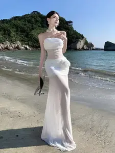 Sheer Strapless Ruched Maxi Dress