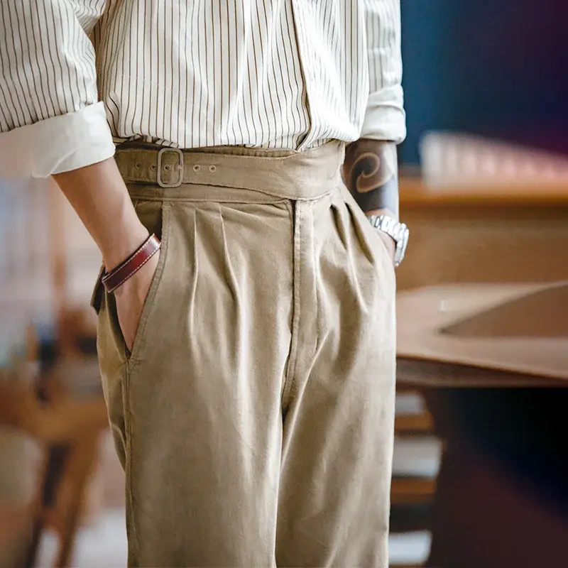 casual pant men  Vintage Corduroy Gurkha Pants for Men Adjustable Double Waist Tabs Solid Color Straight Casual Pants for Autumn Trousers