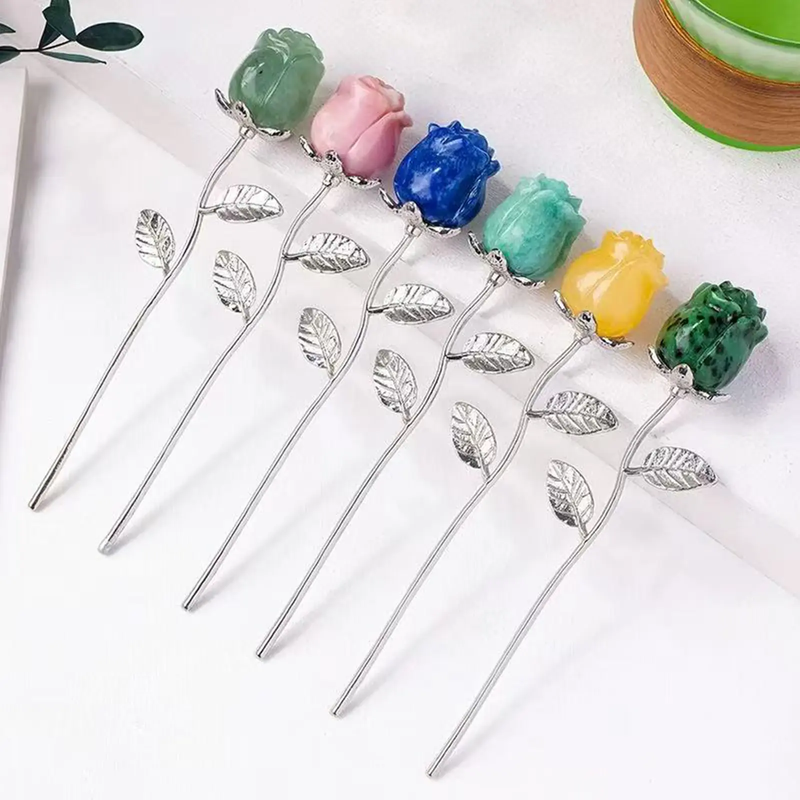 6 Count 6 Inch Natural Gemstone Crystal Rose Handcrafted Plated Stem Flower Elegant Gift for Anniversaries Birthdays Weddings & Home Decor