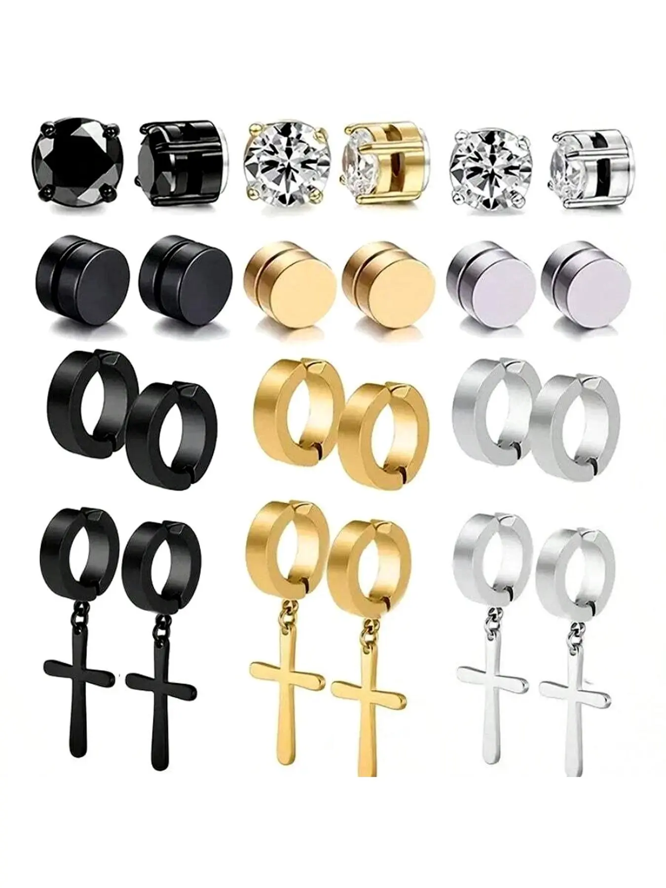 Men's Punk Style Stainless Steel Artificial Zircon Magnetic Earrings, Stylish Jewelry, Trendy Cross Design Jewelry for Party & Daily Wear, Ideal Gifts, Magnetic Stud Earrings, Non-Piercing Earrings, Rhinestone Decorated Bling, Sparkling Ear Jewelry