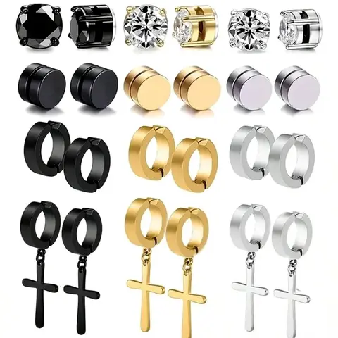 Men's Punk Style Stainless Steel Artificial Zircon Magnetic Earrings, Cross Design Jewelry for Party & Daily Wear, Ideal Gifts, Non-Piercing Earrings, Non Pierced Jewelry, Rhinestone Decorated Bling, Sparkling Ear Jewelry