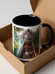 Classic 11 oz Ewá-Inspired Traditional Luminous Ceramic African Orisha Coffee Mug - Black Interior, Rack-Compatible, Dishwasher Safe, Non-Customised Reusable Kitchen Drinkware Cup