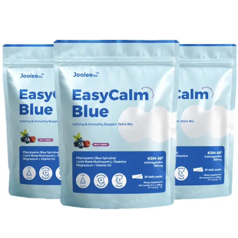 [ 3 Travel Packets ] EasyCalm Blue Magnesium Drink Mix with KSM-66 Ashwagandha Blue Spirulina L-Theanine Lion's Mane GABA & Vitamin D3 | Supports Stress Calm Sleep & CortisolBalance I 20 Travel Packets