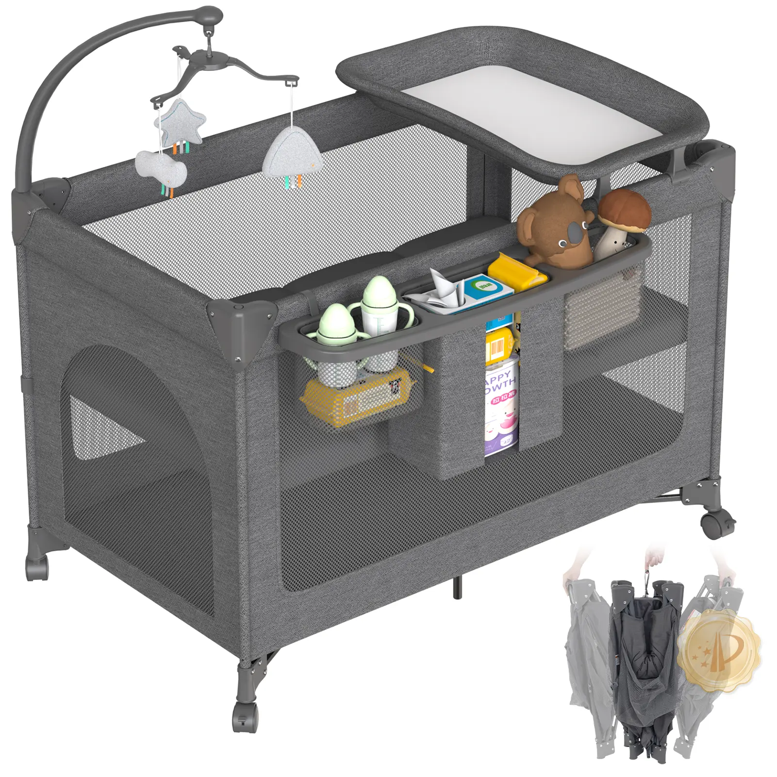 Functional Multi-Use 4-in-1 Baby Pack and Play Nursery Center - Infant & Toddler Bed, Bedside Crib Sleeper, Diaper Changer, Foldable Portable Crib with Mattress, Mesh Mosquito Net, Wheels, Storage Basket, Adjustable Sides, Quick Assembly (0-36M, Black)