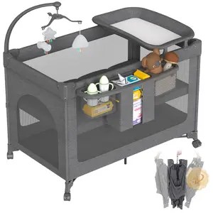 4 in 1 Baby Bassinet, Pack and Play, Baby Playard,Bedside Crib Sleeper, Diaper Changer, Quickly Assembled and Folded Portable Crib with Mattress and Mosquito Net,,Baby Crib with Wheels and Storage basket，Nursery Center for Newborn to Toddler 0-36M-Black