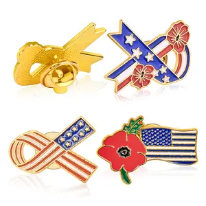 Patriotic Floral Brooch Set, 3-Pack American Flag Enamel Lapel Pins with Gold-Tone Finish for USA 250th Anniversary & 4th of July, Flower Accessories