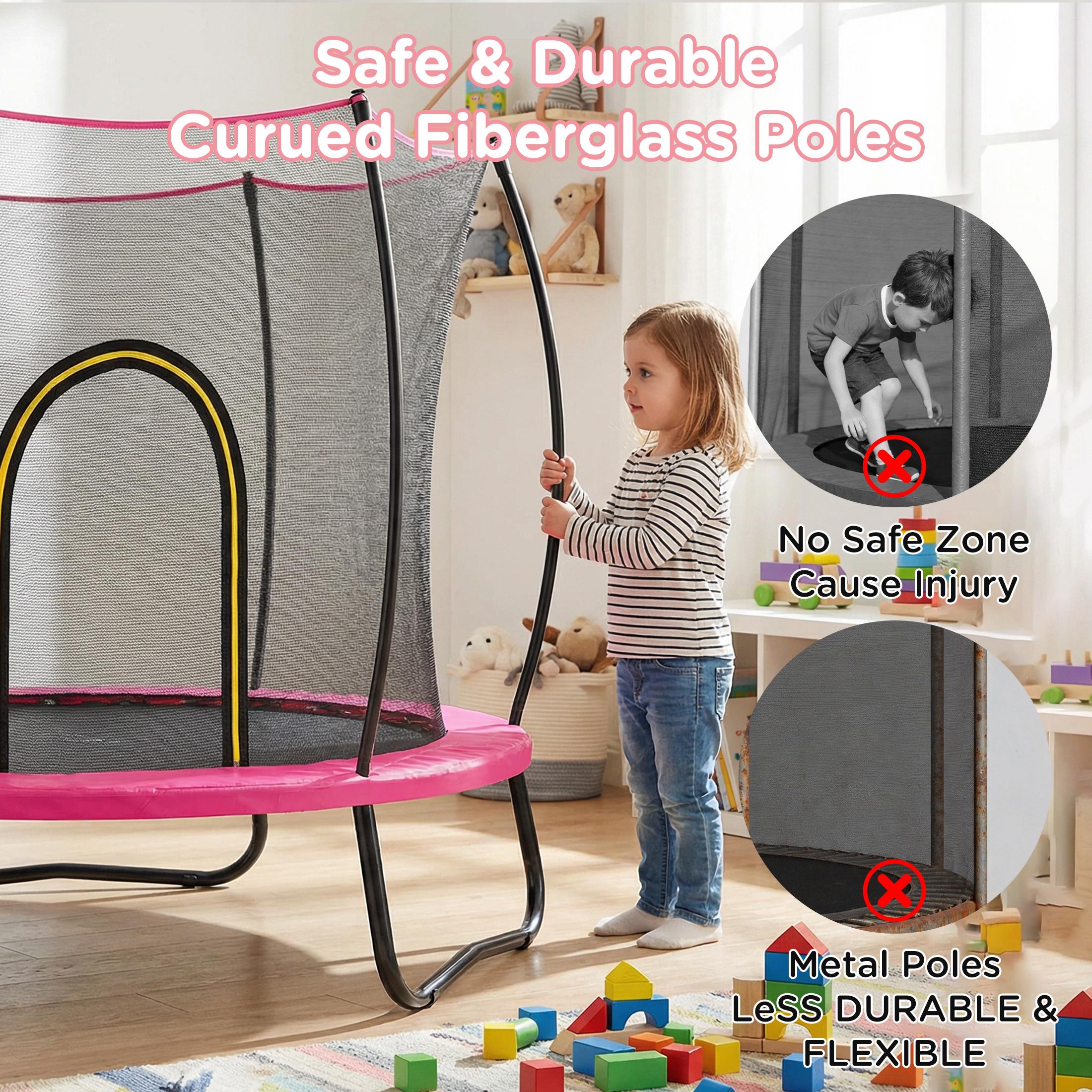 55 Inch Round Trampoline Dark Pink with Safety Net 6 Flexible Poles 3 W-Shape Legs UV Resistant Waterproof for Kids