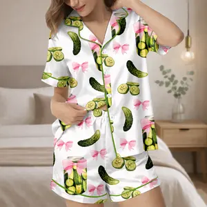 Pickle Santin Pajama Set, Women’s Pickle Lover Bows Pajama Set, Sleepwear Gift, Satin Pajama Set, Gift For Her