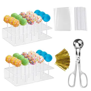 2 Pieces Clear Cake Pop Display Stand, Includes 1pc Cake Pop Mold, 100pcs Cake Pop Bags, 100pcs Cake Pop Lollipop Sticks & 100pcs Metal Twist Ties, 15 Holes Acrylic Cake Pop Stand, Display Candy Dessert, Lollipop Stand for Birthday Party Wedding Christmas
