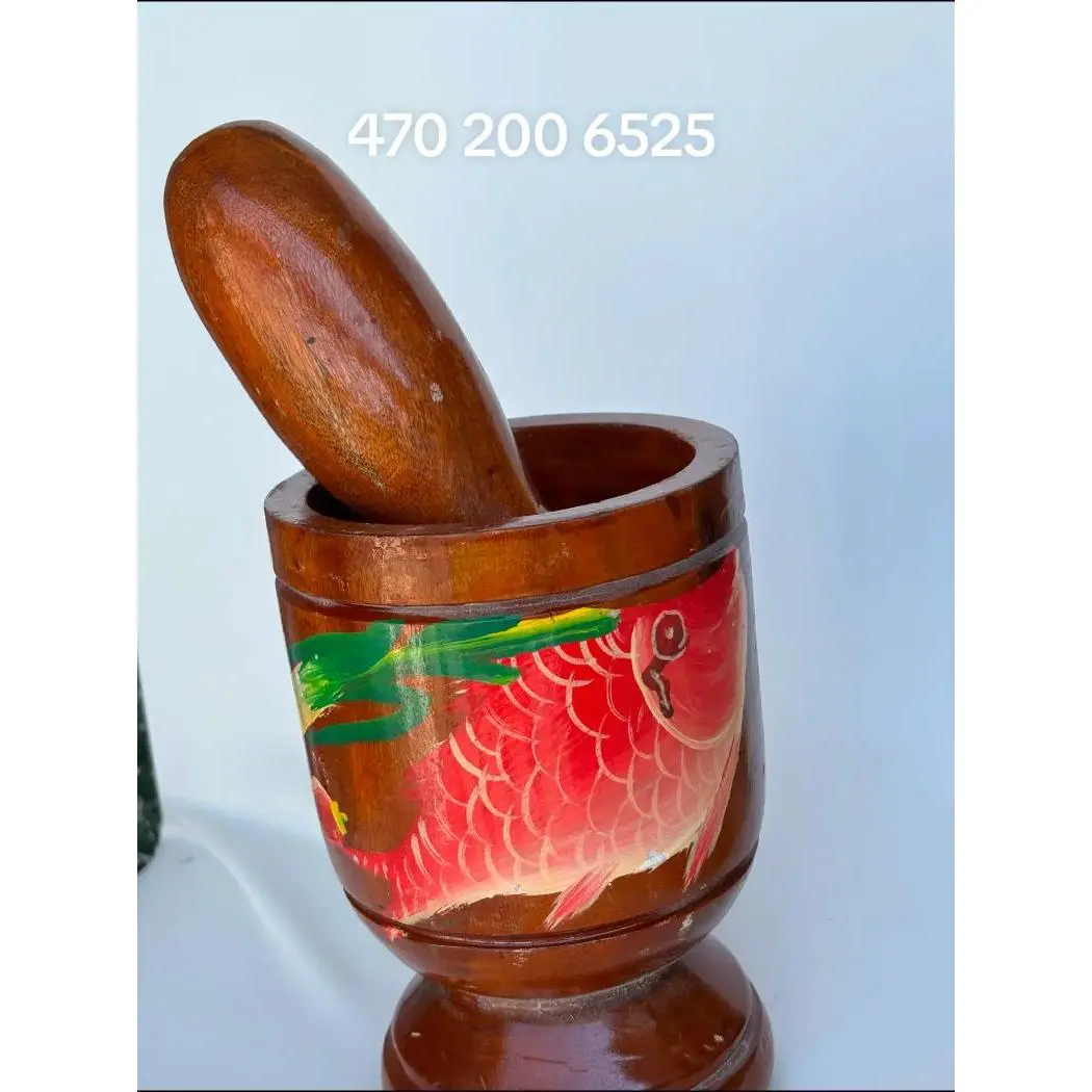 Pilon  - Handcrafted Wooden Mortar and Pestle with Vibrant Fish Design for Traditional Cooking
