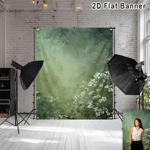 2D Flat Banner, 1pc Green Vintage Gradient Color Backdrop with White Flowers Photography Background, Cloud Texture Decor for Studio Posing, Home, or Business Use, Wedding Backdrop | Vintage Gradient Design |  Photo Backdrop