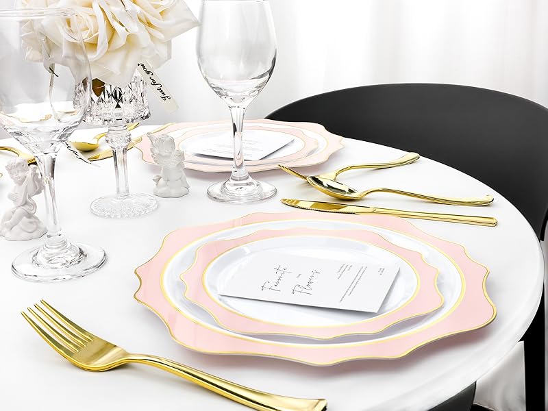 50 PCS White and Pink Disposable Plates for 50 Guests, Scalloped Plastic Plates, Dinner Plates, Dessert Plates for Party, Wedding and Graduation 50 PCS White and Pink Disposable Plates for 50 Guests, Scalloped Plastic Plates, Dinner Plates, Dessert Plates for Party, Wedding and Graduation