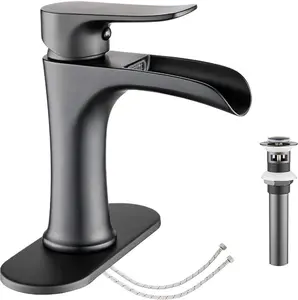 Waterfall Bathroom Faucet Black Matte Black with Pop Up Drain Single Handle One Hole or Three Holes Vanity Farmhouse RV Vessel Basin Faucet Deck Mount