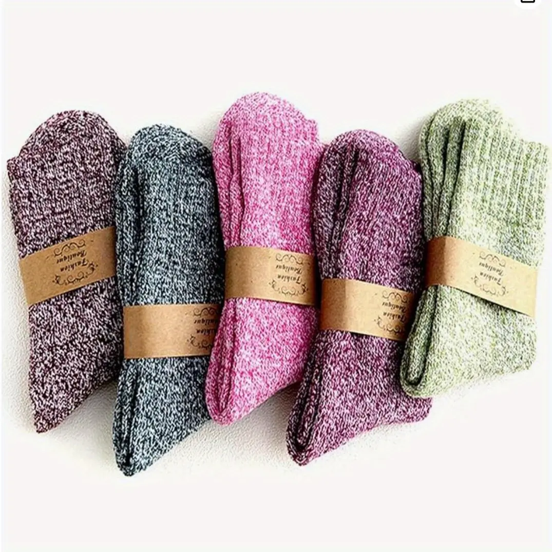 5 Pairs Women's Retro Winter Socks - Soft Warm Solid Color Design, Hand Wash Recommended, Perfect for Cold Weather Outdoor Activities and Seasonal Comfort
