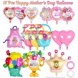 15PCS Mother’s Day Balloons Set – Mom Foil & Heart Mylar Balloons, Happy Mother’s Day Party Decorations for Mom Birthday & Wedding Decor