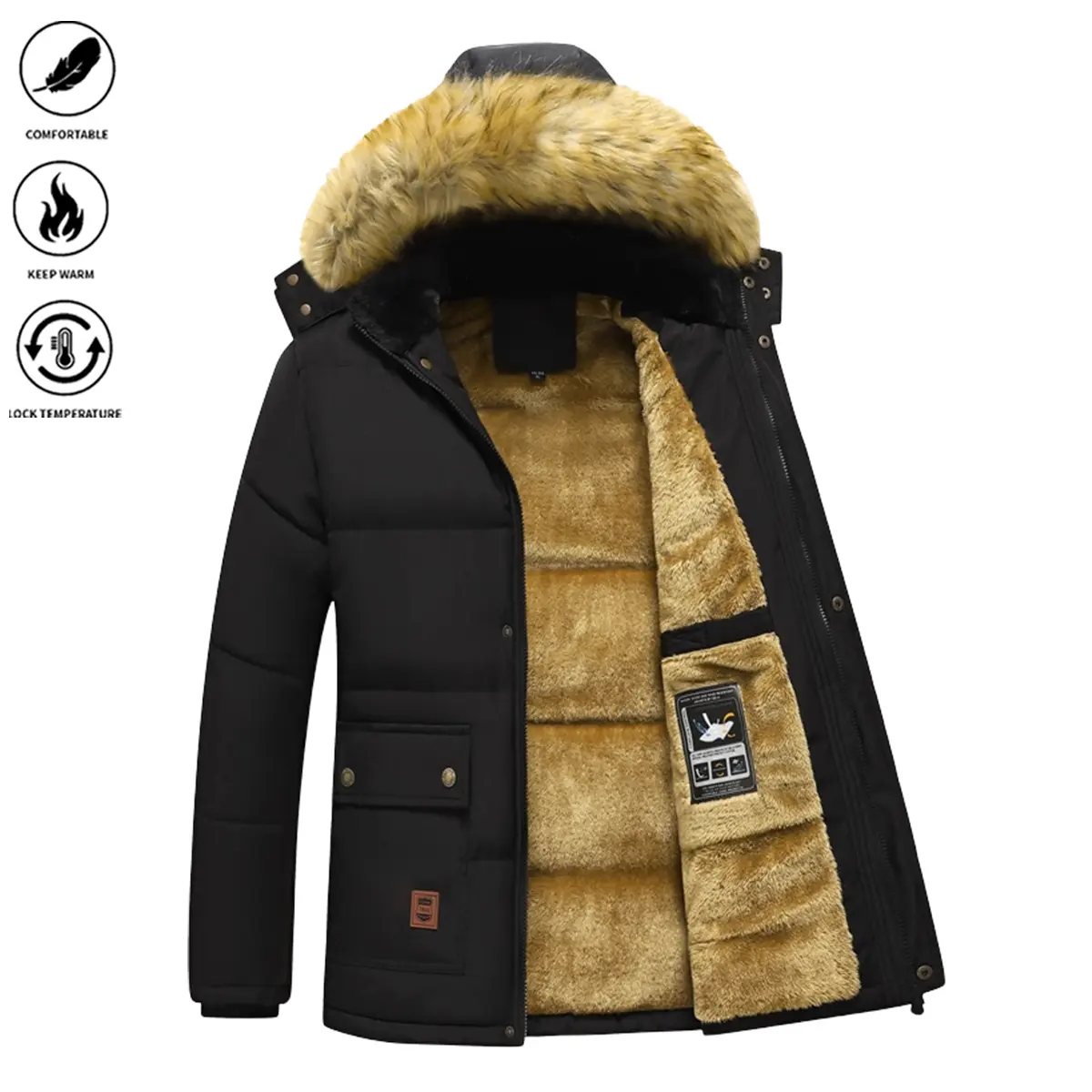 Men’s winter all-over fleece-lined, thick, warm jacket with goose down insulation and windproof sleeves; multiple pockets, detachable hood, large pockets; a casual, insulated jacket suitable for everyday outdoor wear in winter.