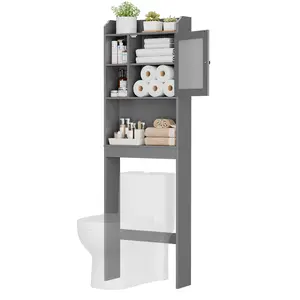 Over-The-Toilet Bathroom Organizer Cabinet - 68.3"H Sturdy Wood Frame, 3-Tier Gray Unit, Perfume Holder, Space-Saving Bathroom Storage Solutions