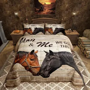 Cute Horse Comforter Set,Brown Rustic Farmhouse Wooden Quilt Set,Romantic Animals Bedding Set,Kids Girls Boys Adults Room Decor 3D Horse Family Duvet Insert