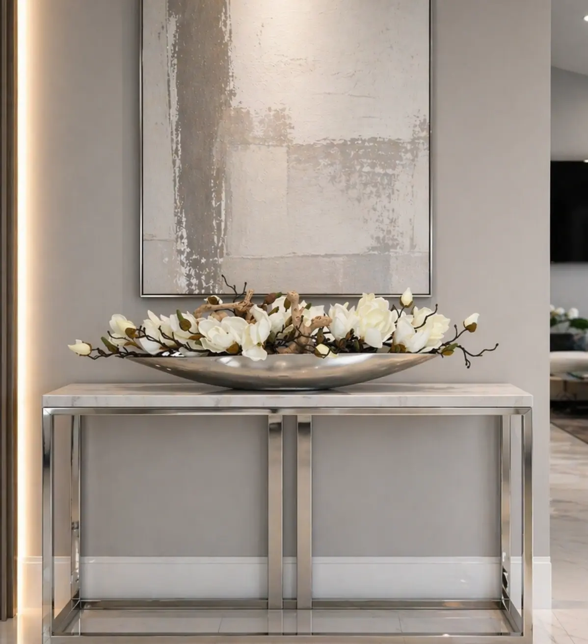 SILVER METAL BOAT WITH MAGNOLIAS AND WOOD