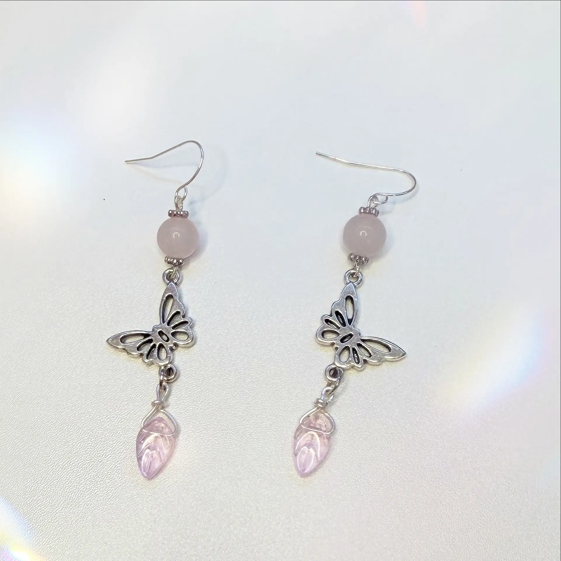 Rose Quartz Pink Sakura Butterfly Dangle Charm Earrings Stainless Steel Hypoallergenic