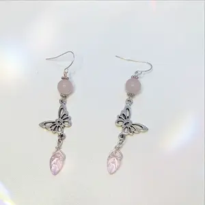 Rose Quartz Pink Sakura Butterfly Dangle Charm Earrings Stainless Steel Hypoallergenic