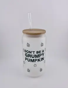 Krafty Kristen Co Don't be a grumpy Pumpkin funny Halloween Glass Can Glass Halloween Ice Coffee Glass
