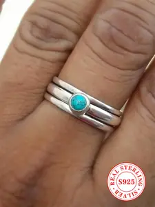 925 Sterling Silver Vintage Ring, Fashion Turquoise Textured Bead Decor Accessories for Women & Girls, Trendy All-match & Exquisite Jewelry for Birthday Gift