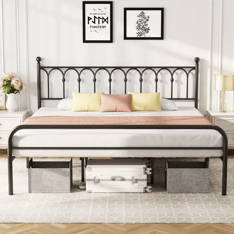 Sweetcrispy Queen Size Modern Style Bed Frame - Furniture, Long Durability Steel Slat Mattress Foundation, Under-Bed Storage, Easy Assembly, Apartment Furniture