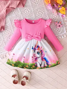 Girls' Spring Summer Long Sleeve Bow Princess Dress, Unicorn Cartoon Print Colorblock Design, Cute Baby One-Piece Dress