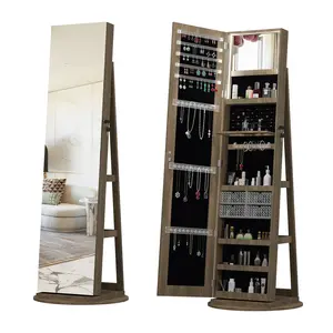 Jewelry Armoire 62" H,Full Length Mirror with Storage 360° Swivel, Storage Shelves, Lockable Standing Jewelry Cabinet Organizer with Large Storage Capacity, Living Room, Bedroom, Brown