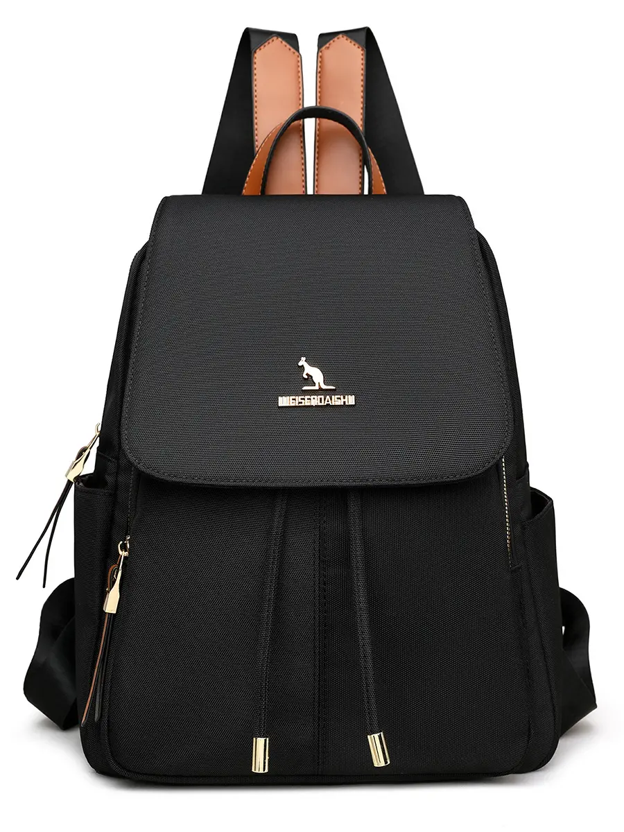 Women's Black Oxford Cloth Nylon Fashion Backpack - Brown Leather Accents, Gold Hardware, Durable Lightweight, Multi-Compartment Laptop Organizer, Flap Drawstring, Casual Storage for Work-Travel