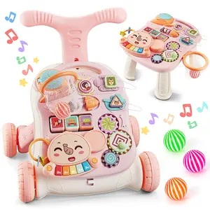 3 in 1 Baby Push Walker and Activity Center for Girl, Sit to Stand Walker for Babies 6-12 Months, Walking Toys with Music Panel for Infants and Toddlers Learning to Walk Pink
