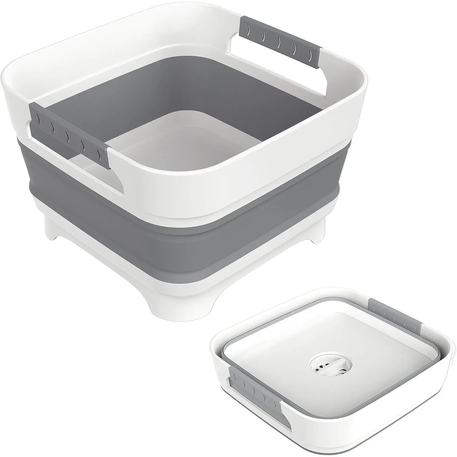 2.4 Gal Collapsbile Wash Basin with Drian Plug,9L Dish Pan for Soaking  Bottles,Portable Sink, Multiuse Foldable Bucket,Ice Beverage Tubs for Camping, Vegetable Washing, RV (Gray)