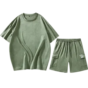 Men’s solid-color short-sleeve top and drawstring shorts two-piece set, regular fit, casual and stylish, comfortable and breathable, summer men’s two-piece set