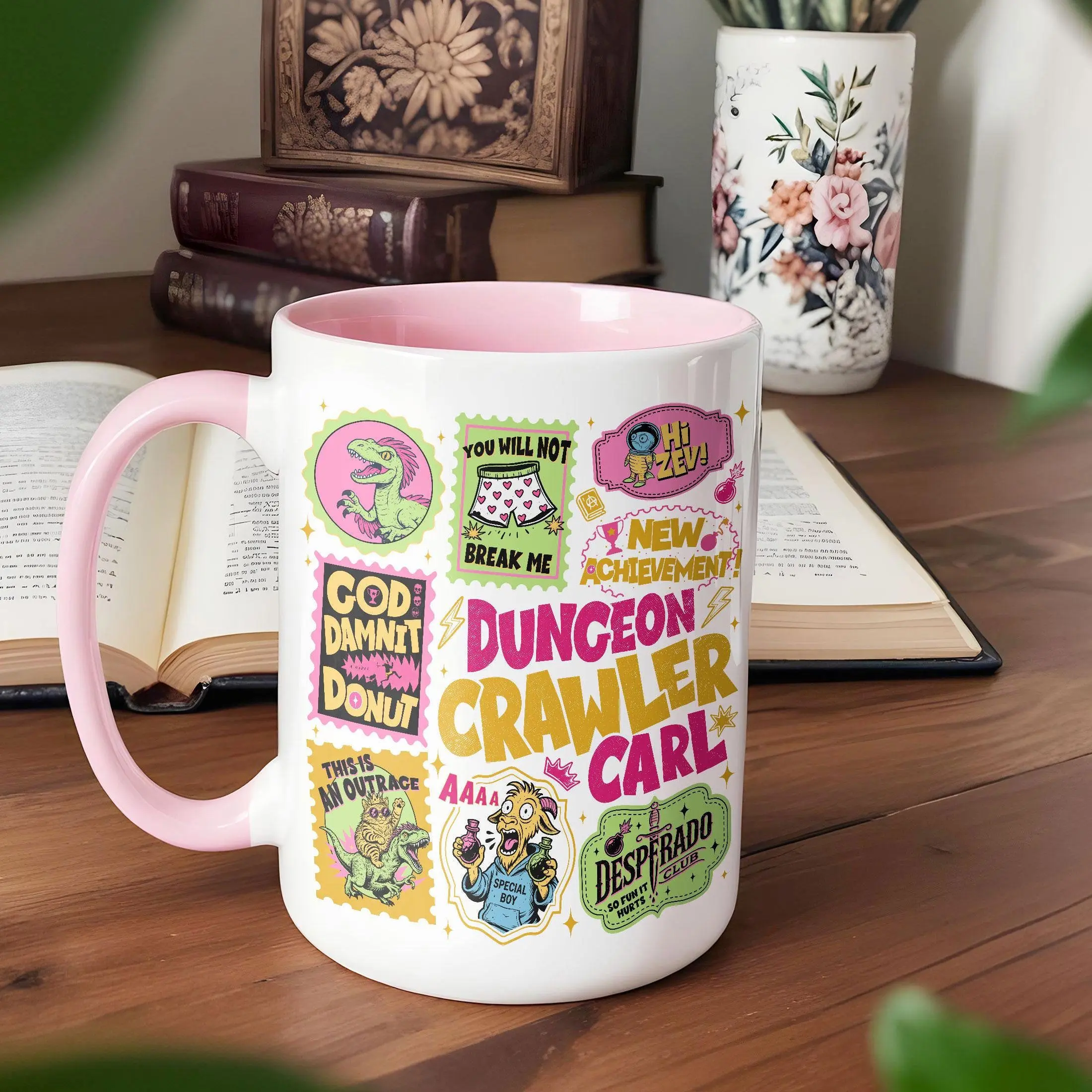 Dungeon Crawler Carl Stamp Printed Ceramic Coffee Mug,God Damnit Princess Donut Quote Tea 11oz & 15oz Cup,I’m Yelling Carl You Will Not Break Me Sci-Fi Book Fan Beverage Vessel,11oz Gloss White Comfort Handle Fantasy Lit Reader Daily Drinkware