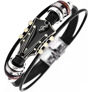 Retro Guitar Leather Bracelet for Man Women Unique Bead Braided Handmade Ethnic Tribal Cuff Multi-Layer Cords Wrap Music Shape Punk Rock Jewelry Gifts Wristband