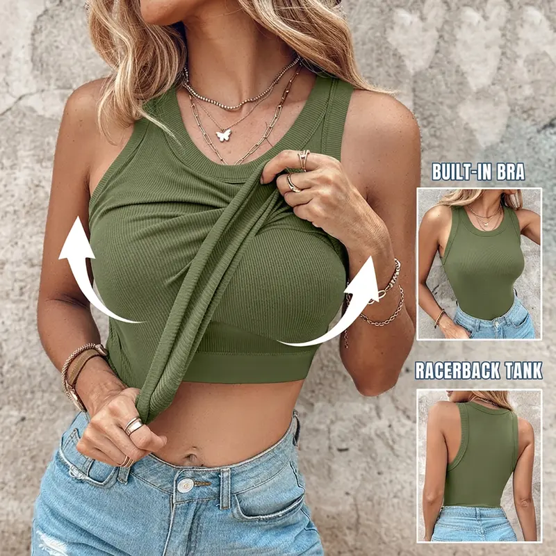 CHICME Women's Ribbed Racerback Built-in Bra Tank Top - Sleeveless, Short, Casual, Minimalist, Skinny, Padded Everyday Basic Going Out Top