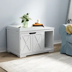 White Flip - Top Cat Litter Box Enclosure, Stylish Pet Furniture with Hidden Storage for Living Room, Bedroom, Balcony | Ideal for Cat Owners Loving Tidy Spaces, Conceals Litter Box & Blends with Home Decor, Viral, Must - Have, Pet Essential