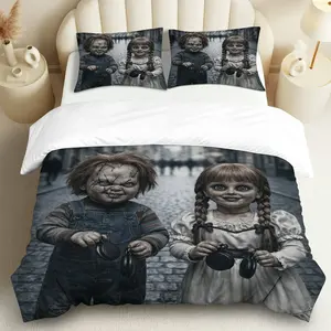 3PCS Duvet Cover Set, 1 Duvet+2 Pillowcases(Without filler), Vintage Creepy Doll Horror Print theme, Halloween bedding set, Spooky Scary Bedroom Decoration Suitable for decoration Bedroom, Dorm, Studio, Themed Hotel.