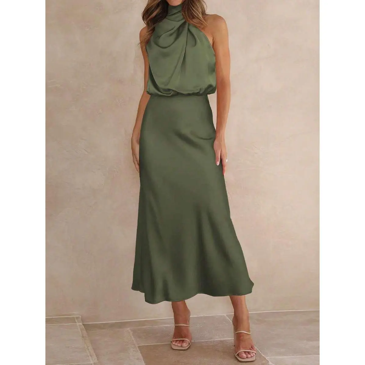 Women's Satin Asymmetrical Neck Dress Casual Loose Party Evening Swing Midi Dress in Army Green Sleeveless A-line Style - TikTok Shop Women's Satin Asymmetrical Neck Dress Casual Loose Party Evening Swing Midi Dress in Army Green Sleeveless A-line Style - TikTok Shop