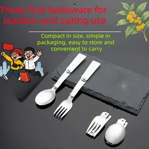 Compact Three-Fold Handle Cutlery Set, Silver Color 2pcs Stainless Steel Fork and Spoon, Ideal for Outdoor, Travel, Home, Camping
