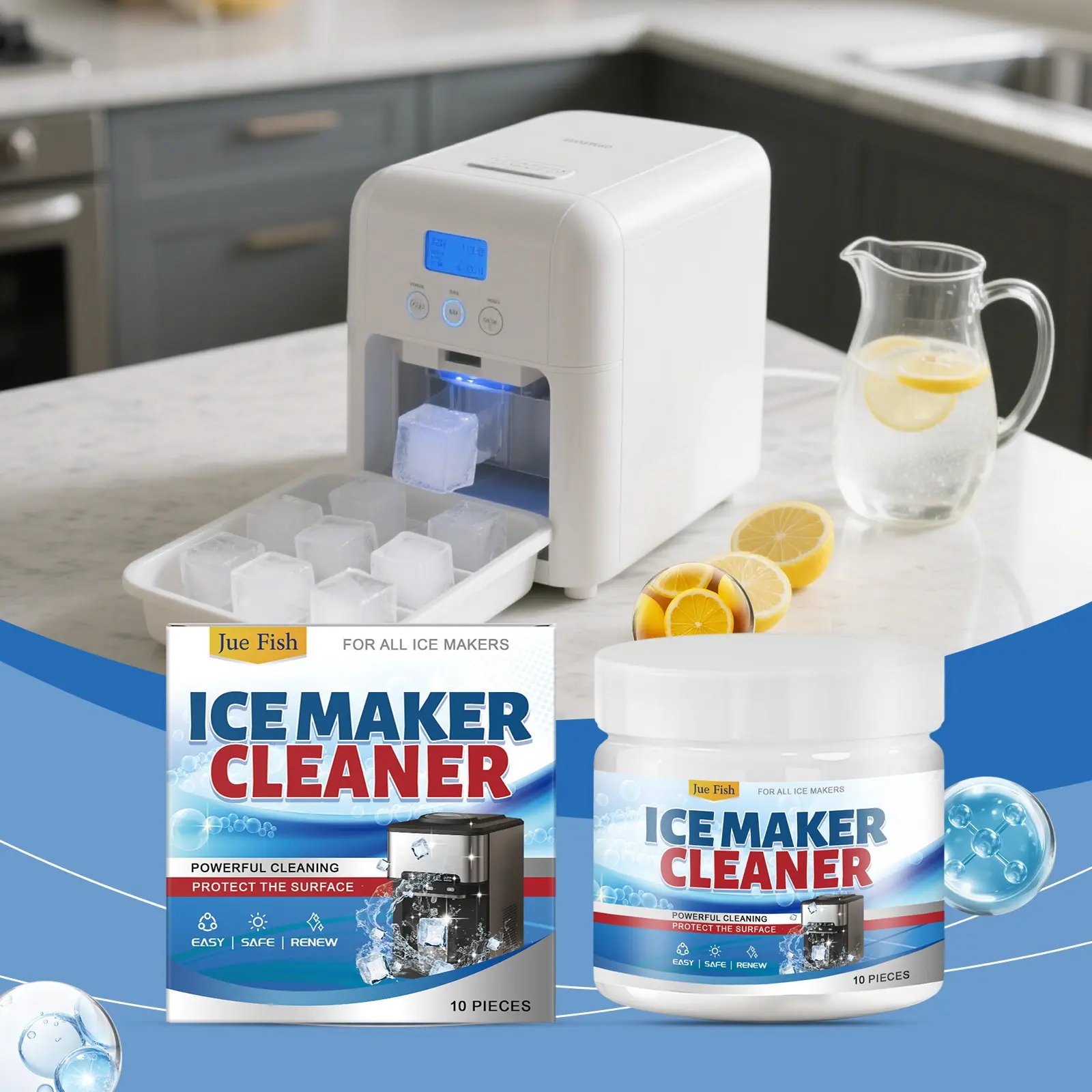 Jue Fish Ice Maker Cleaning Tablets, Home Deep Clean Deodorize Care, Household Ice Machine Cleaner, Effective Stain Removal, Stain Remover, Powerful Cleaning Solution