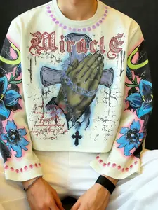 Men's Short Round Neck Long Sleeve Long Fitted Sweatshirt, Cross Pattern Print, Fall Winter Fashion, Casual Wear, Comfortable and Stylish, Tops