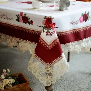 Lace Embroidered Table Cloth,Rectangular Farmhouse TableCover,Classic Oblong Antique Flower Tablecloth (Burgundy, Rectangle/Oblong,60 x 84 Inch,6-8 Seats)