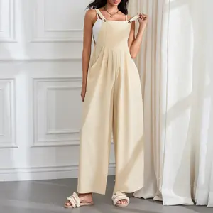 Women’s Fashion Solid Color Jumpsuit Casual Button Wide Leg Suspender Overalls with Pockets