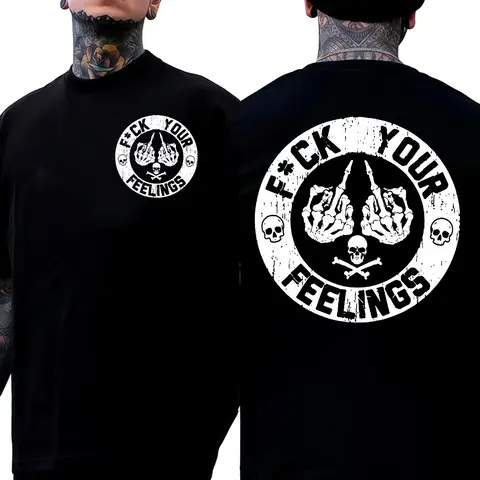 Men's "F*ck Your Feelings" Skull Graphic T-Shirt, Short-Sleeve Round Neck Loose Menswear, Bold Statement Limited Edition Fashion Streetwear Casual Angel Tee tiktokshopspringglowup,summervibes Cotton Tops Black Crewneck Tropical