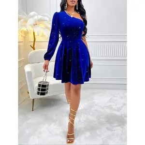 Elegant Velvet Party Dress, One-Shoulder Design, Fitted Holiday Gown, Long Sleeves, Short Length, Autumn & Winter Fashion